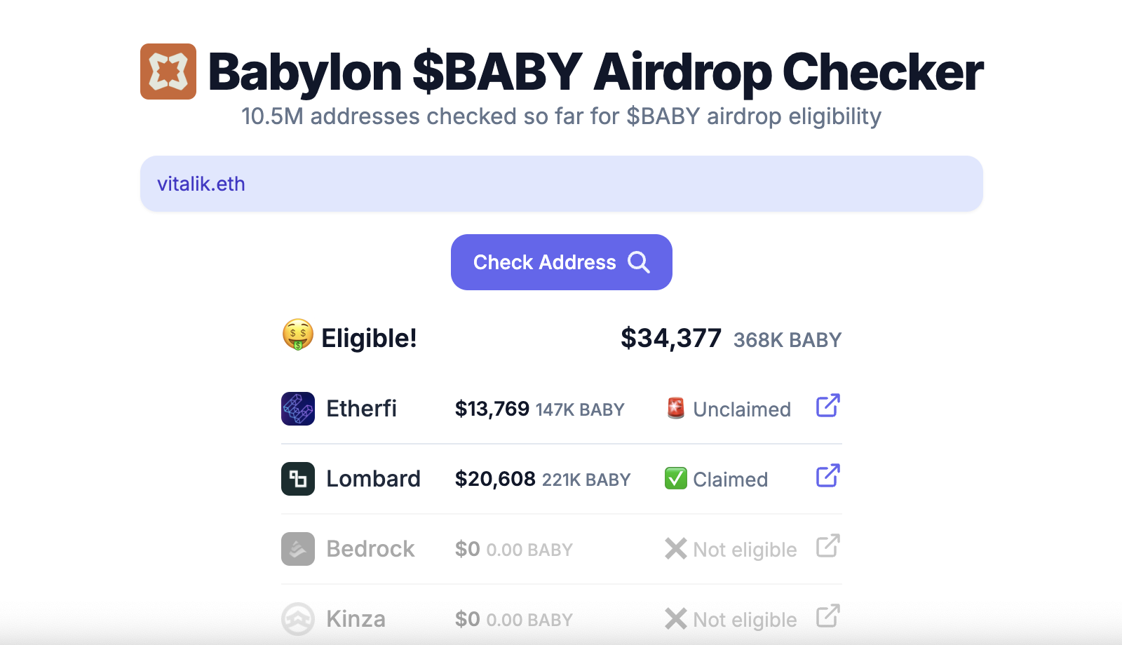 Check your eligibility for all Babylon $BABY airdrops! | Drops